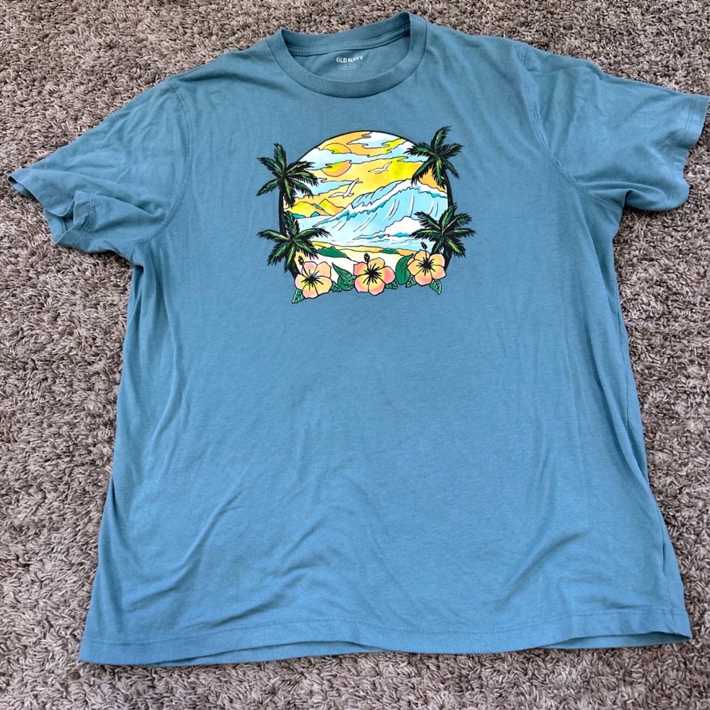 Old Navy Mens Large Teal Blue Tropical Beach Surf Graphic Soft‎ Washed T-Shirt